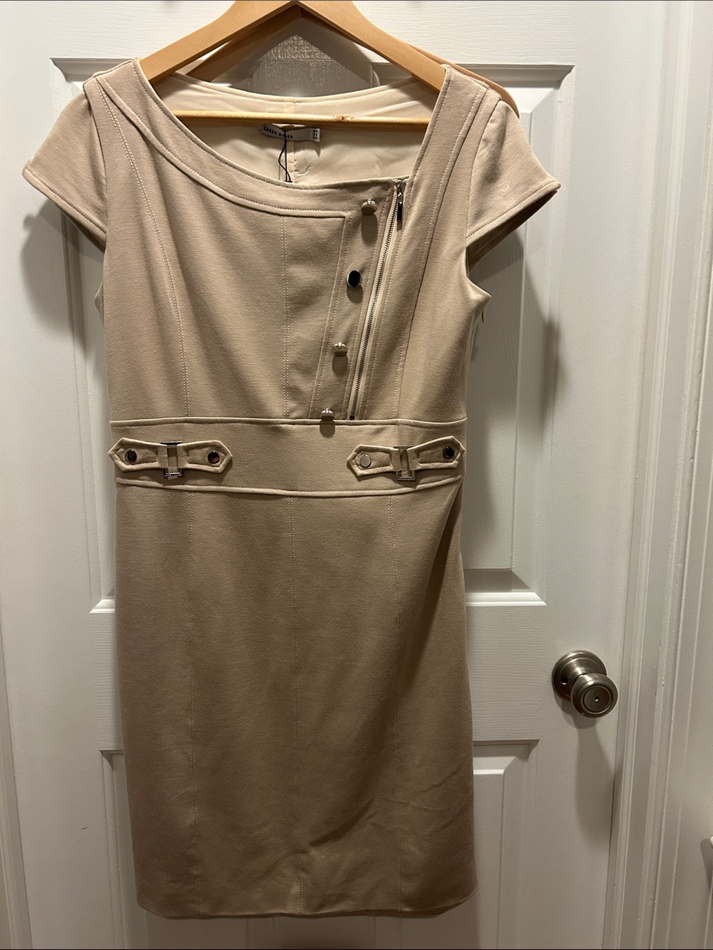 Karen Millen Beige Sheath Dress with Asymmetric Zip Detail